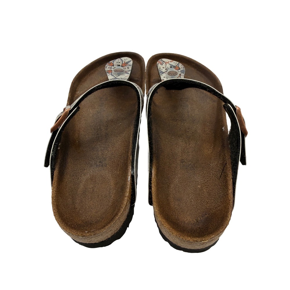 Birkenstock Brown Footbed Sandals with Cream, Black & Rust Patterned Straps - Picture 6 of 8